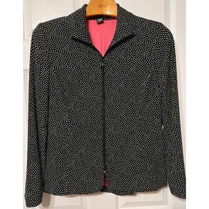 Leslie Stuart Womens Black White Polka Dot‎ Zip Up Jacket Pink Lining Size 14